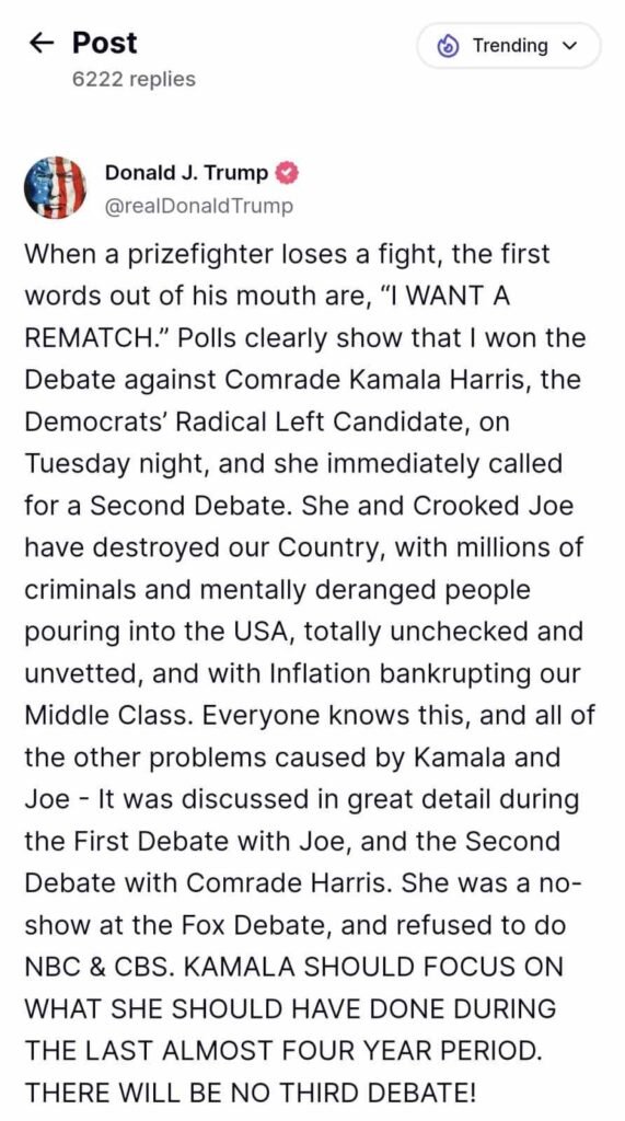 Donald Trump anunció que ganó el debate con Kamala Harris